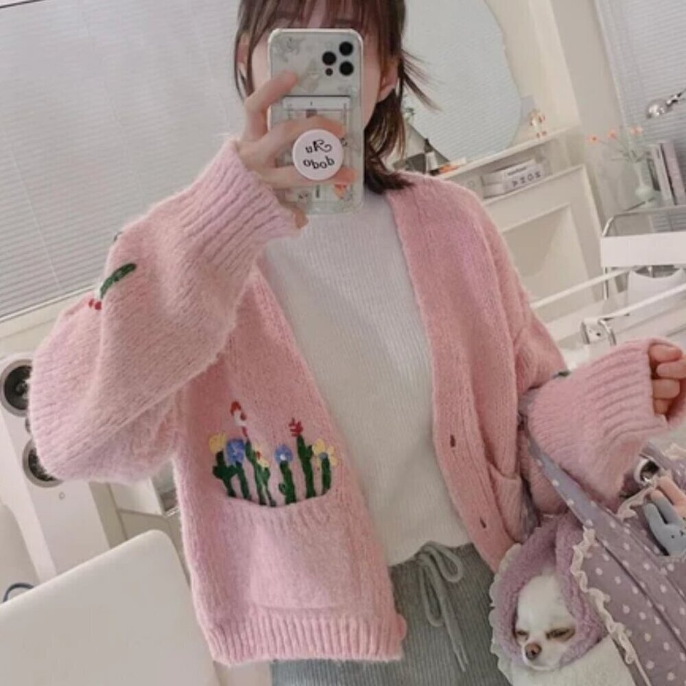 Zara Floral Fuzzy Chunky Knit Cardigan Sweater Pink Size Large